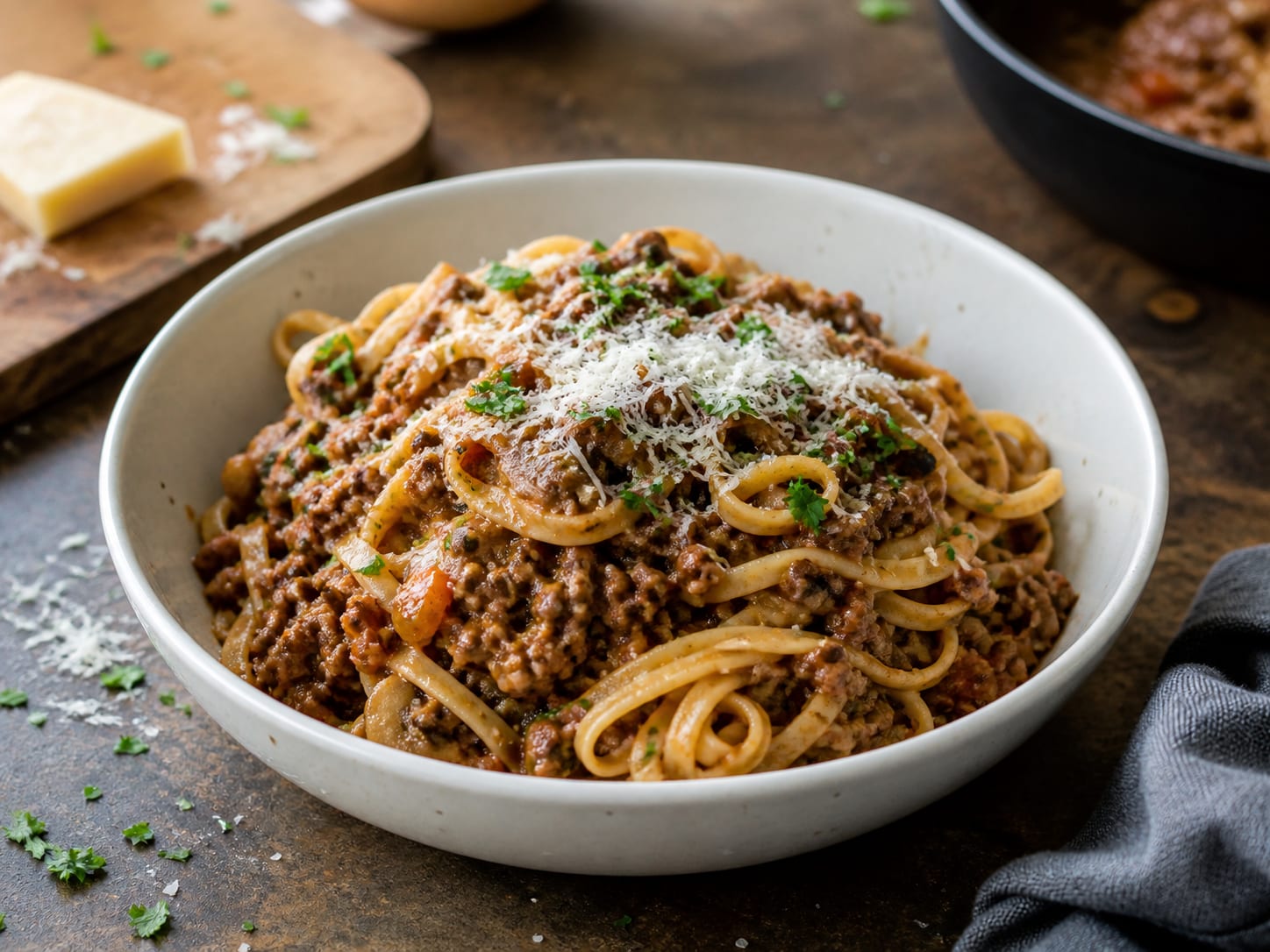 Pilz-Hackfleisch-Bolognese mit Bandnudeln, plated for serving
