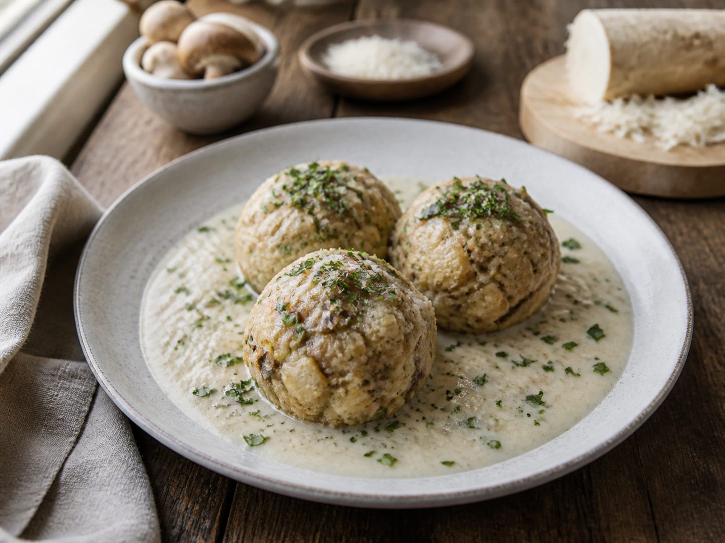 Pilzknöderl mit Krensauce, zum Servieren angerichtet