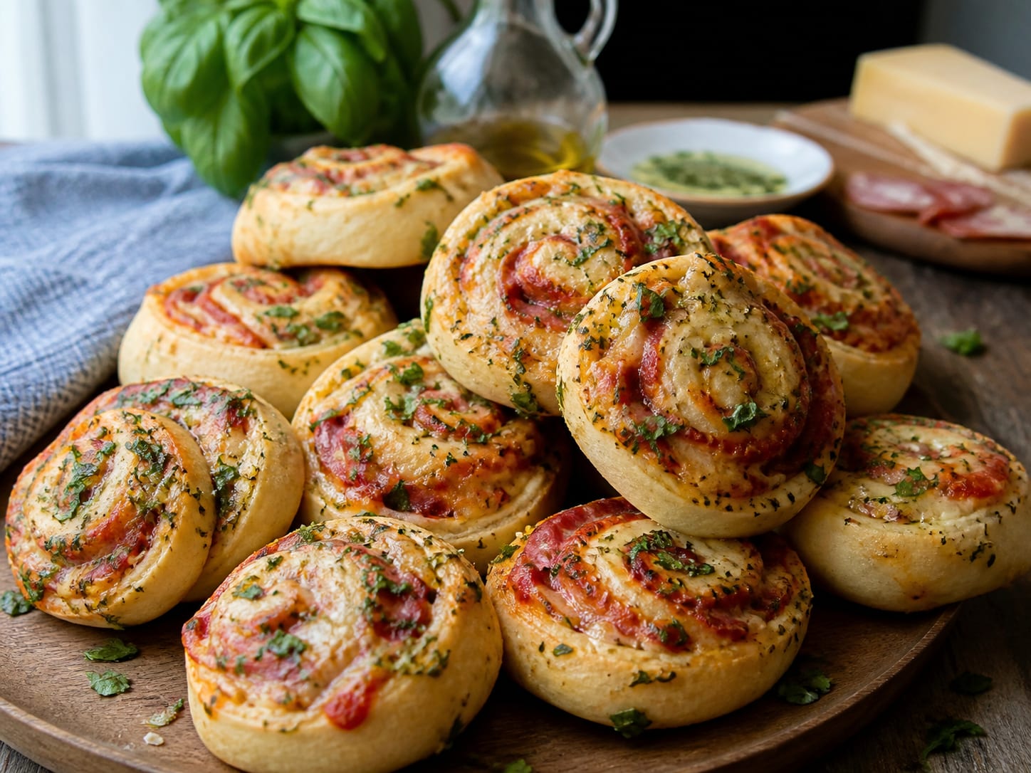 Pizzabrötchen mit Basilikumbutter, zum Servieren angerichtet