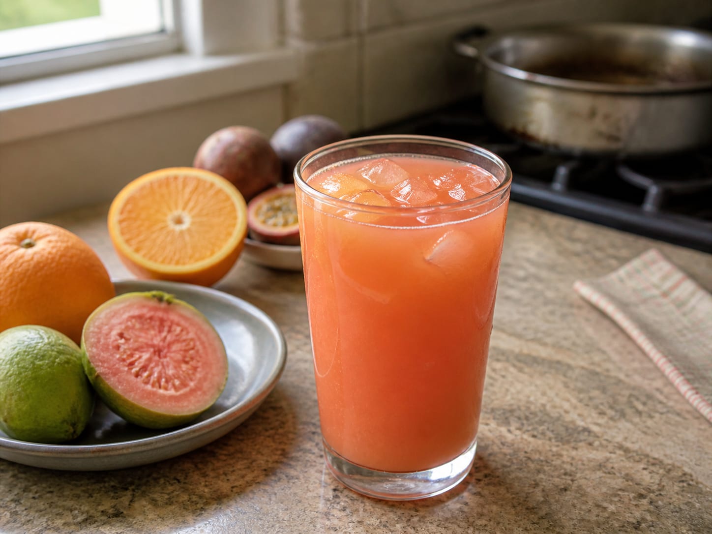 Drei hohe Gläser mit leuchtend orange-pinkem POG-Saft auf Eis, garniert mit einer halbierten Maracuja