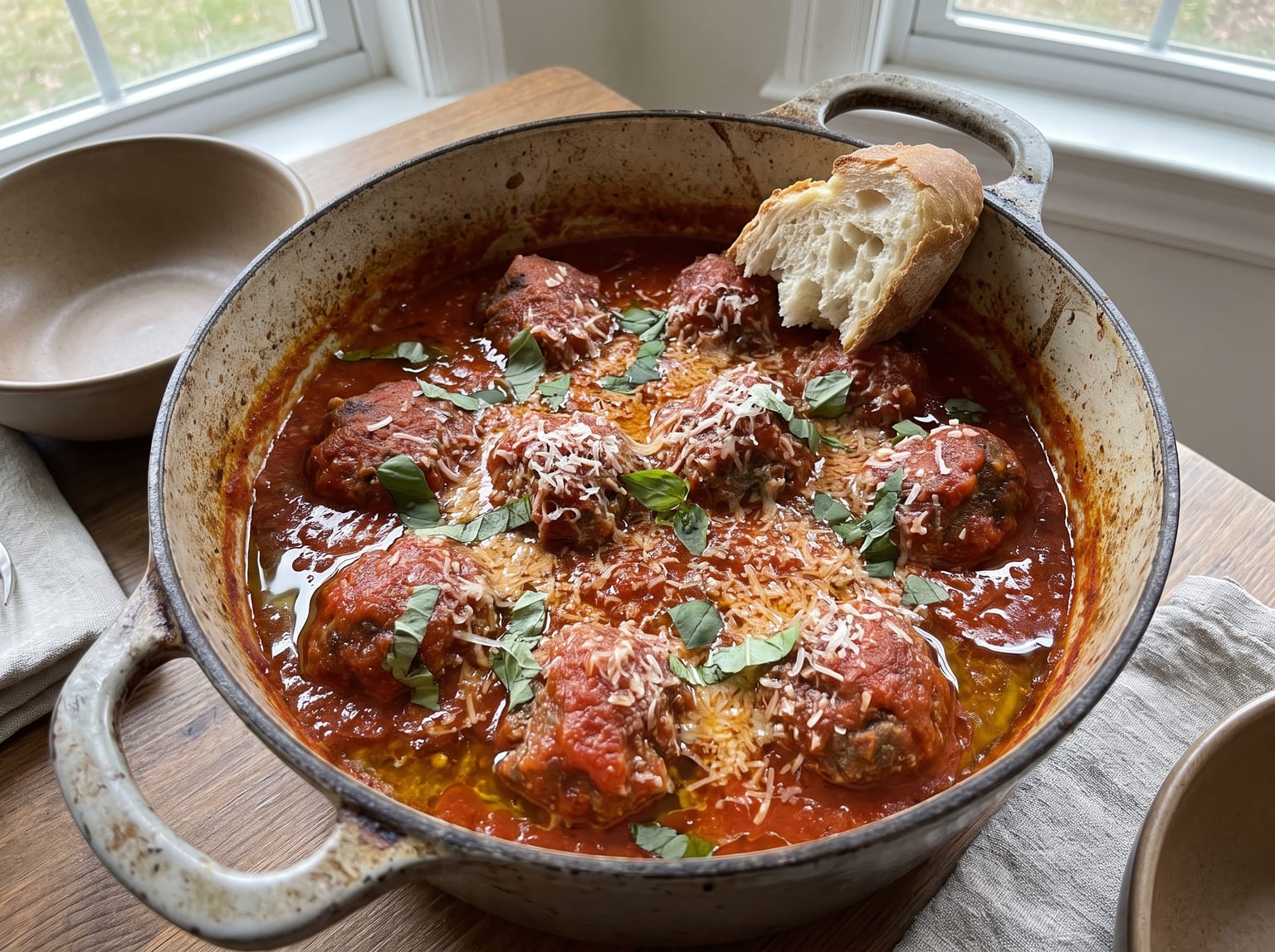 Große Rinderfleischbällchen in dunkelroter, lange gekochter Tomatensauce in einem schweren Topf, mit gezupftem Basilikum und geriebenem Pecorino