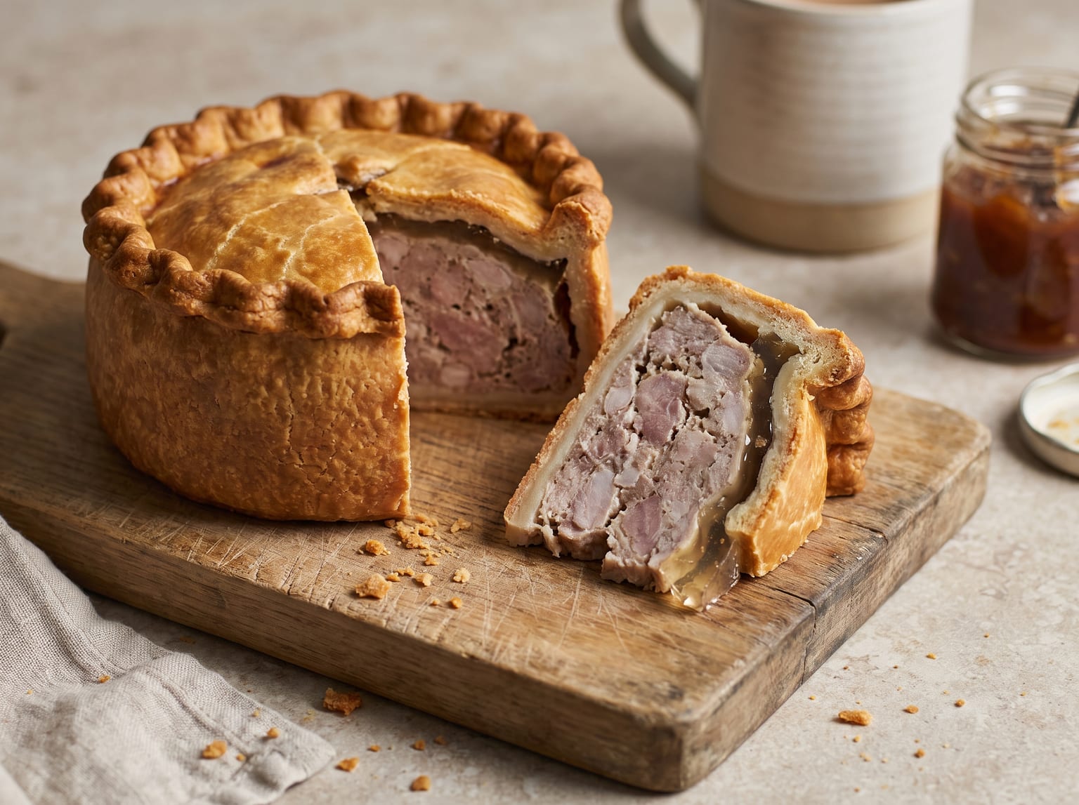 A hand-raised English pork pie cut open showing coarse pork filling and a thin layer of clear jelly inside a hot-water-crust shell