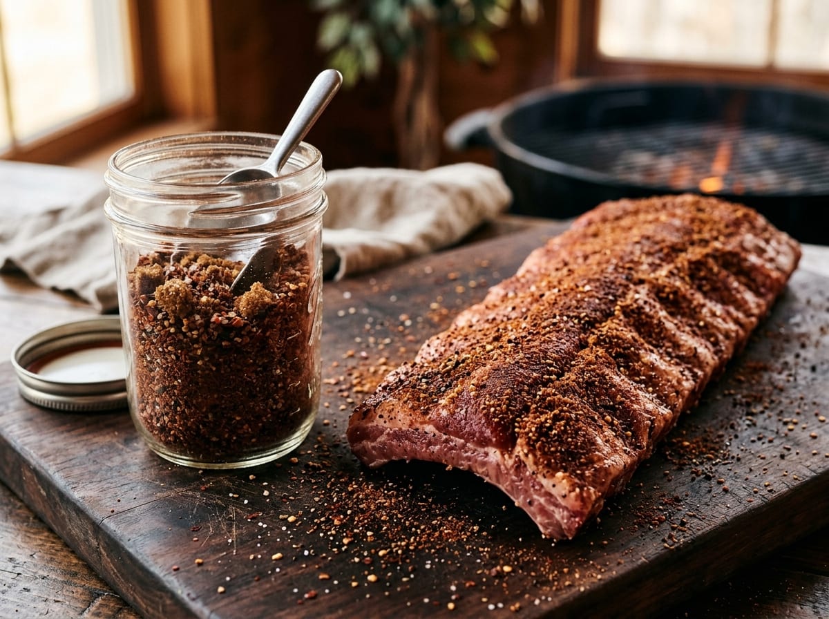 A jar of dark reddish-brown rib rub with visible brown sugar, beside a rack of raw pork ribs coated evenly in it