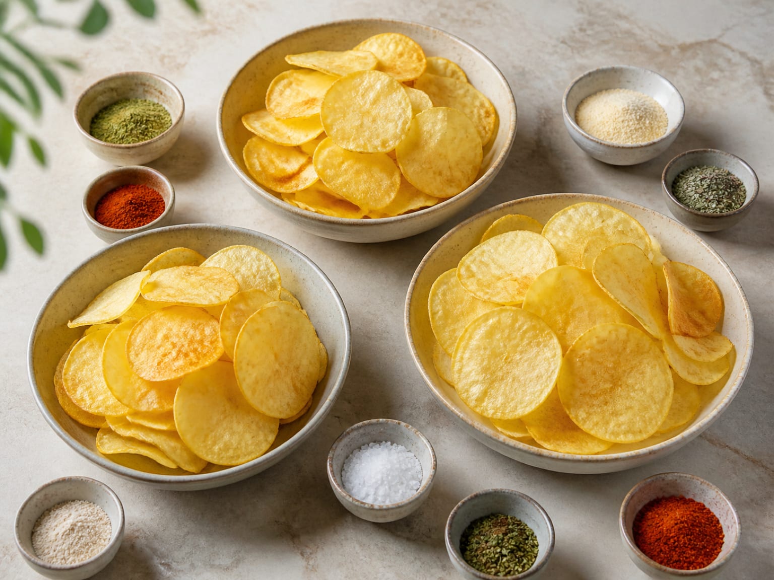 Three bowls of thin golden potato chips prepared by air frying, oven baking, and deep frying with seasoning bowls beside them
