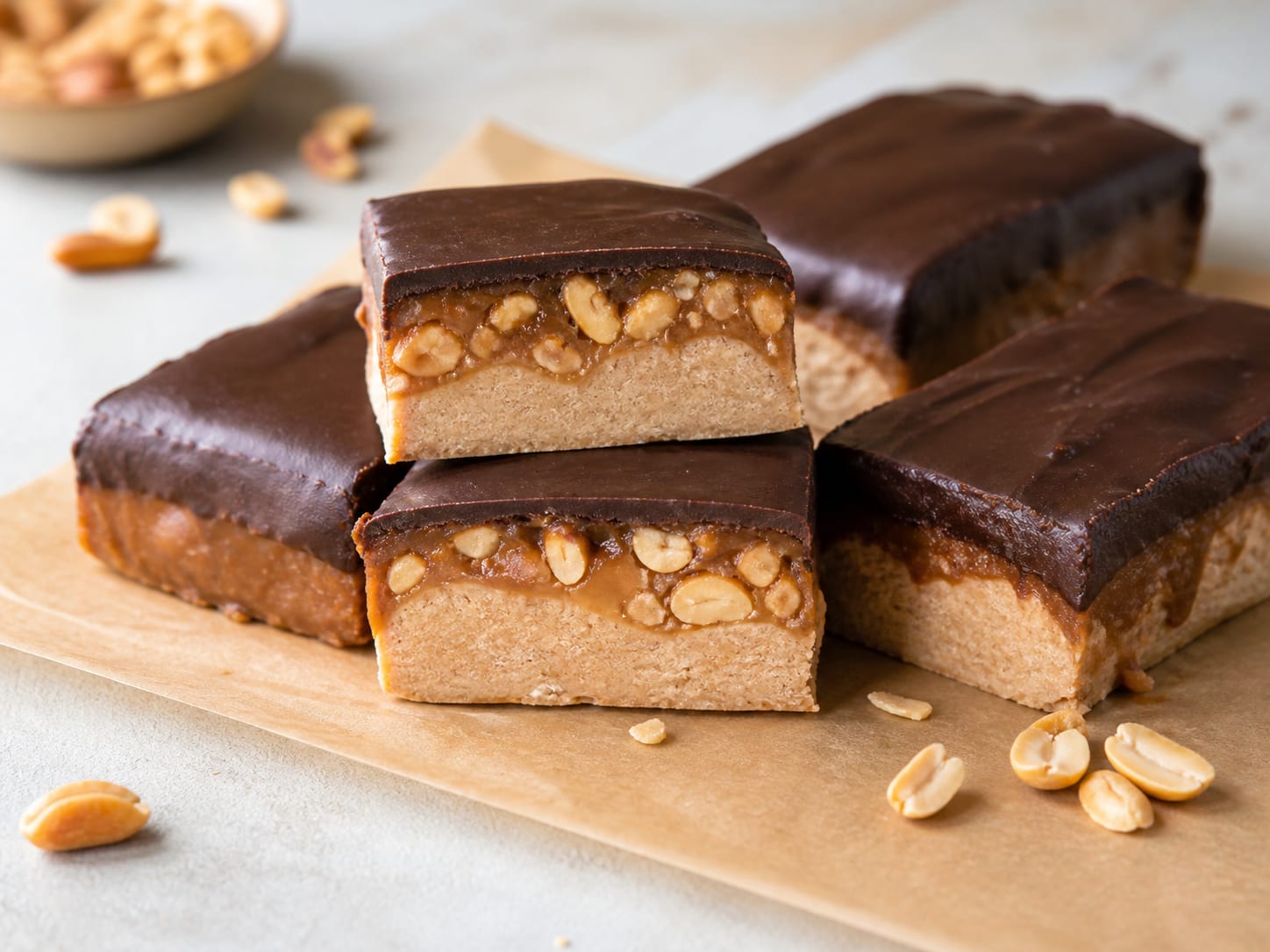 Protein Snickers-style bars arranged on parchment