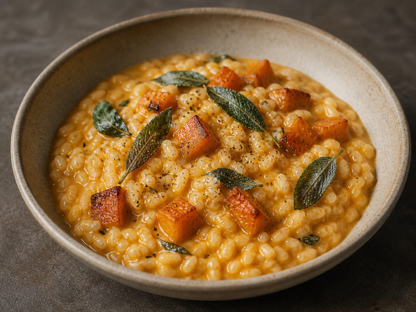 Fließendes Orangenkürbis-Risotto mit gerösteten Kürbiswürfeln und knusprigen Salbeiblättern