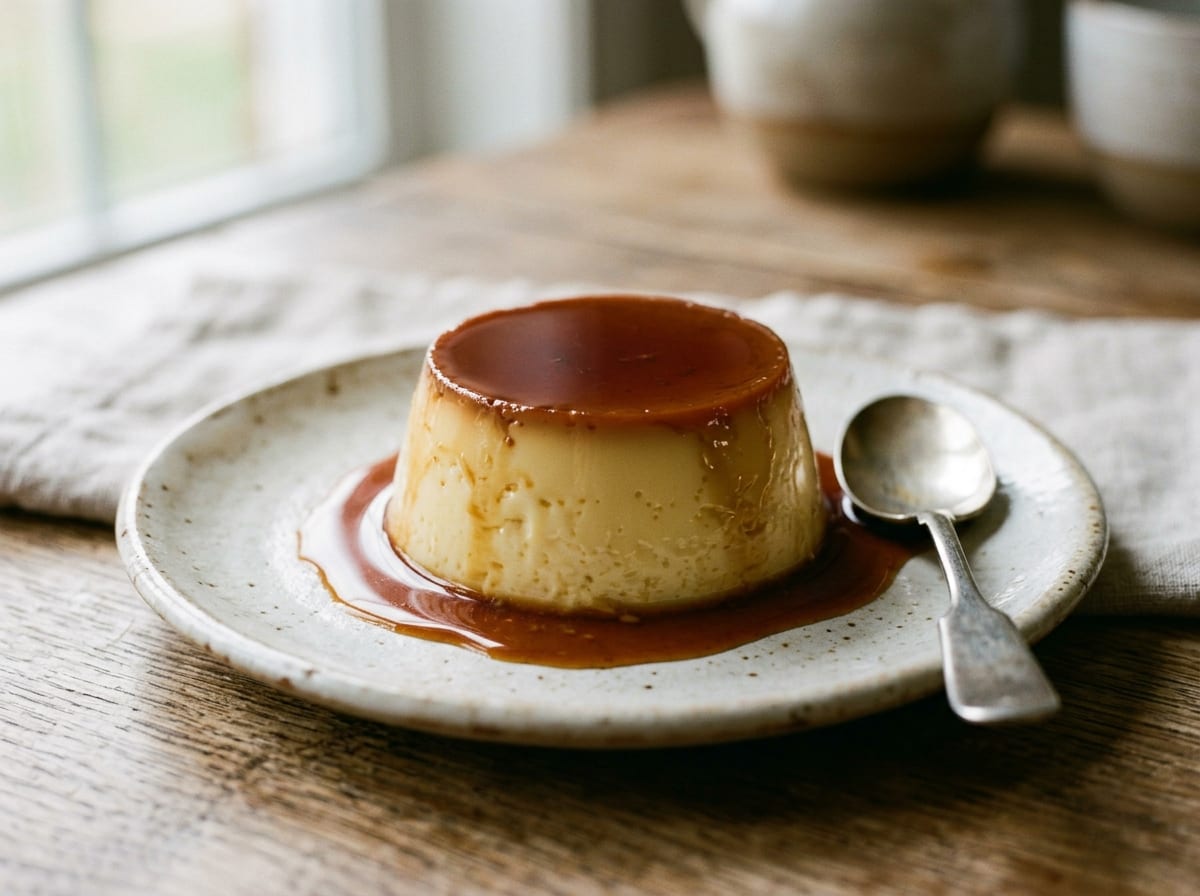 Two unmolded Japanese purin custards on small plates, bittersweet caramel sauce pooling around the base, silky pale surfaces catching the light