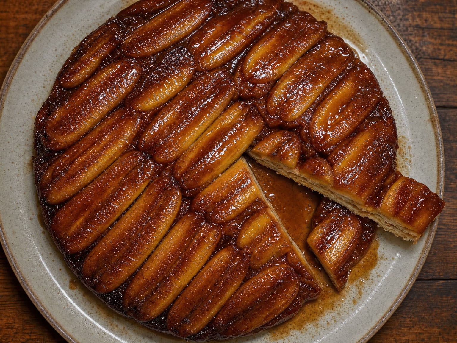 A banana tarte tatin flipped onto a plate with glossy caramelized banana halves on top