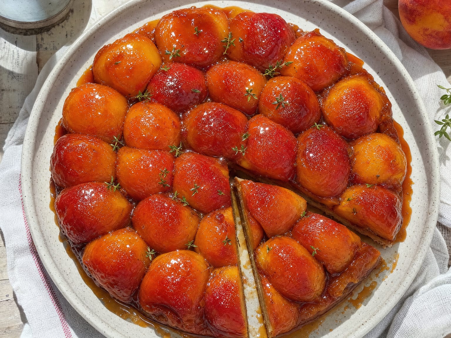 A peach tarte tatin flipped onto a plate, halved peaches glossy with caramel and scattered with thyme