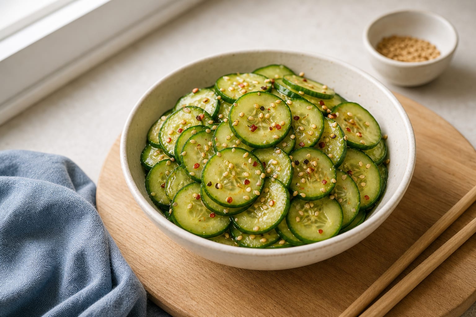 Thin cucumber slices in a cream bowl with toasted sesame seeds and a light dressing