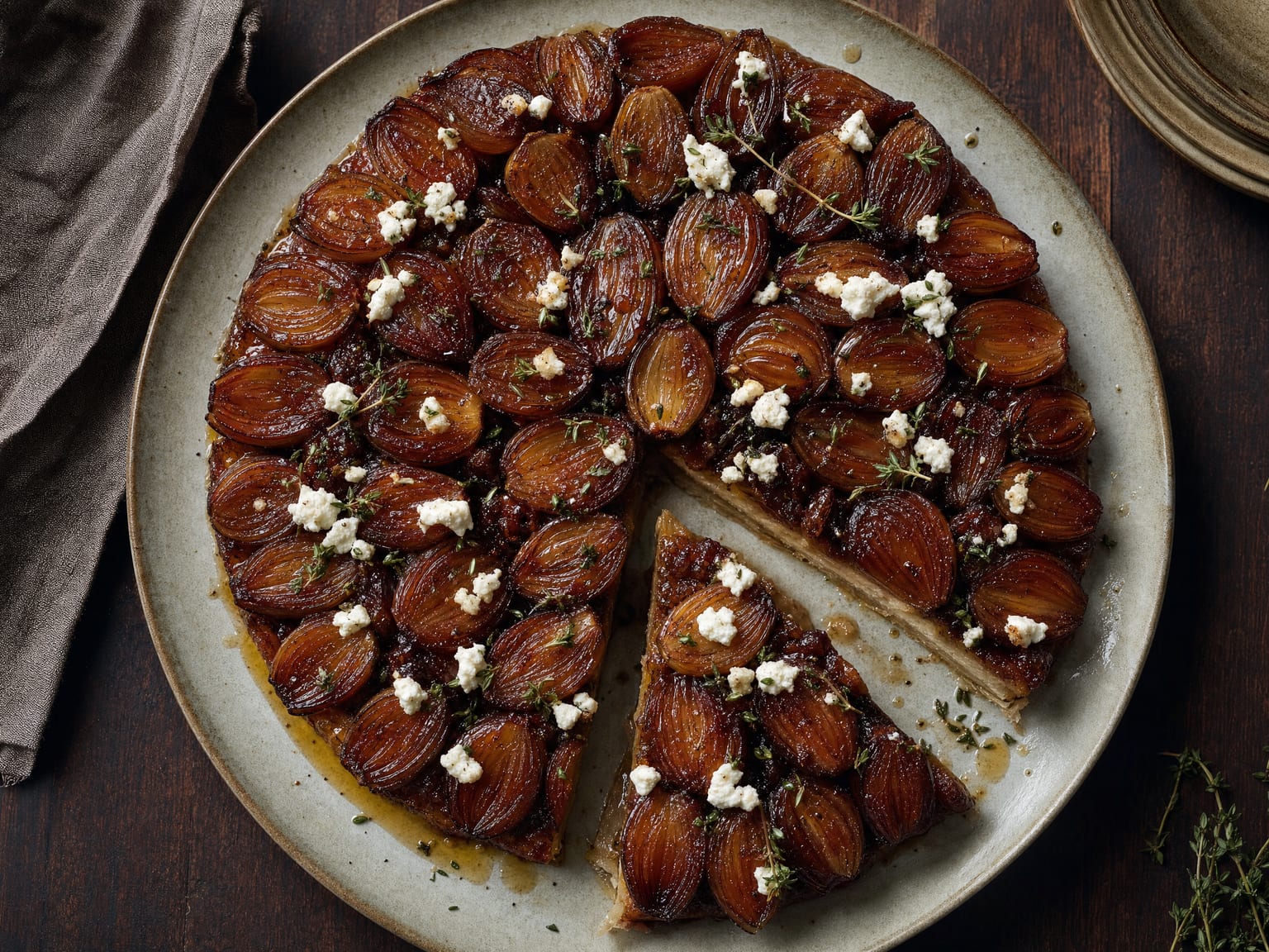 A shallot tarte tatin flipped onto a plate, halved shallots deeply caramelized and glossy with thyme