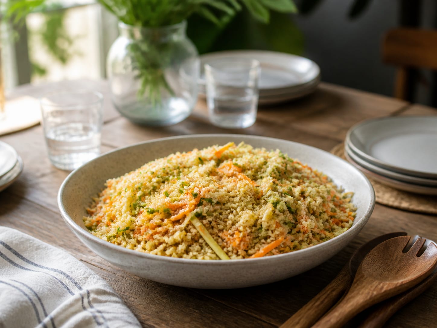 Quinoa-Salat mit Zucchini und Möhren, zum Servieren angerichtet