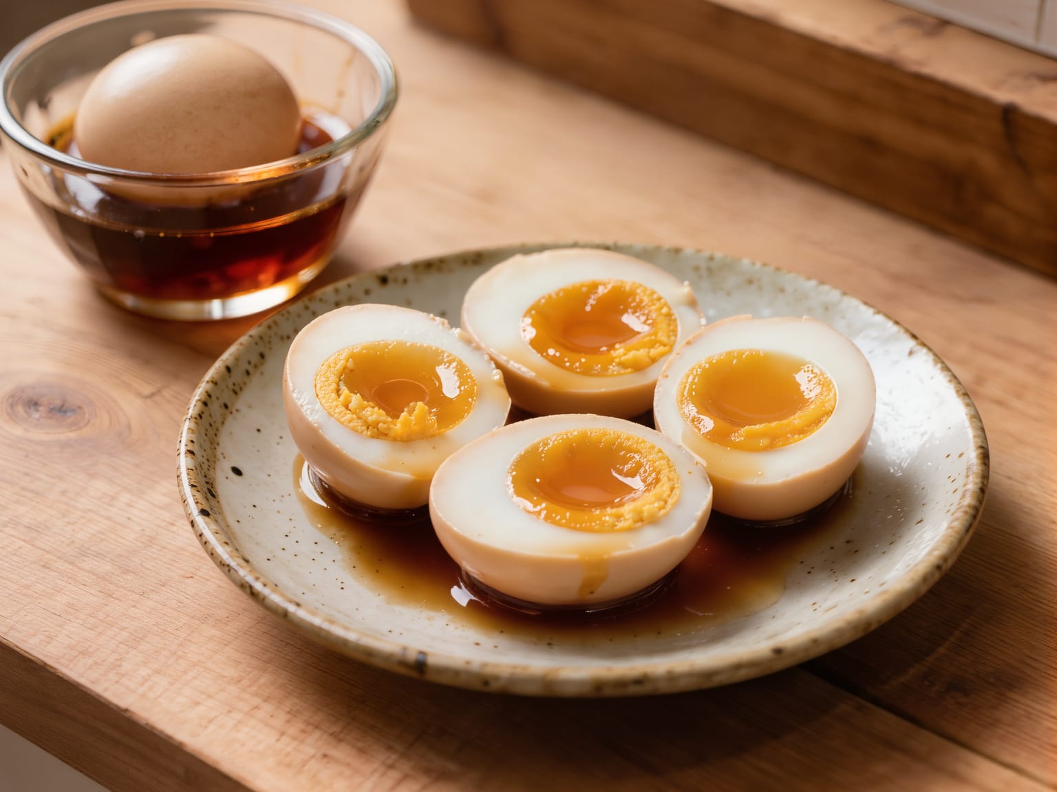 Halved marinated soft-boiled eggs with jammy orange yolks, stained brown by soy marinade