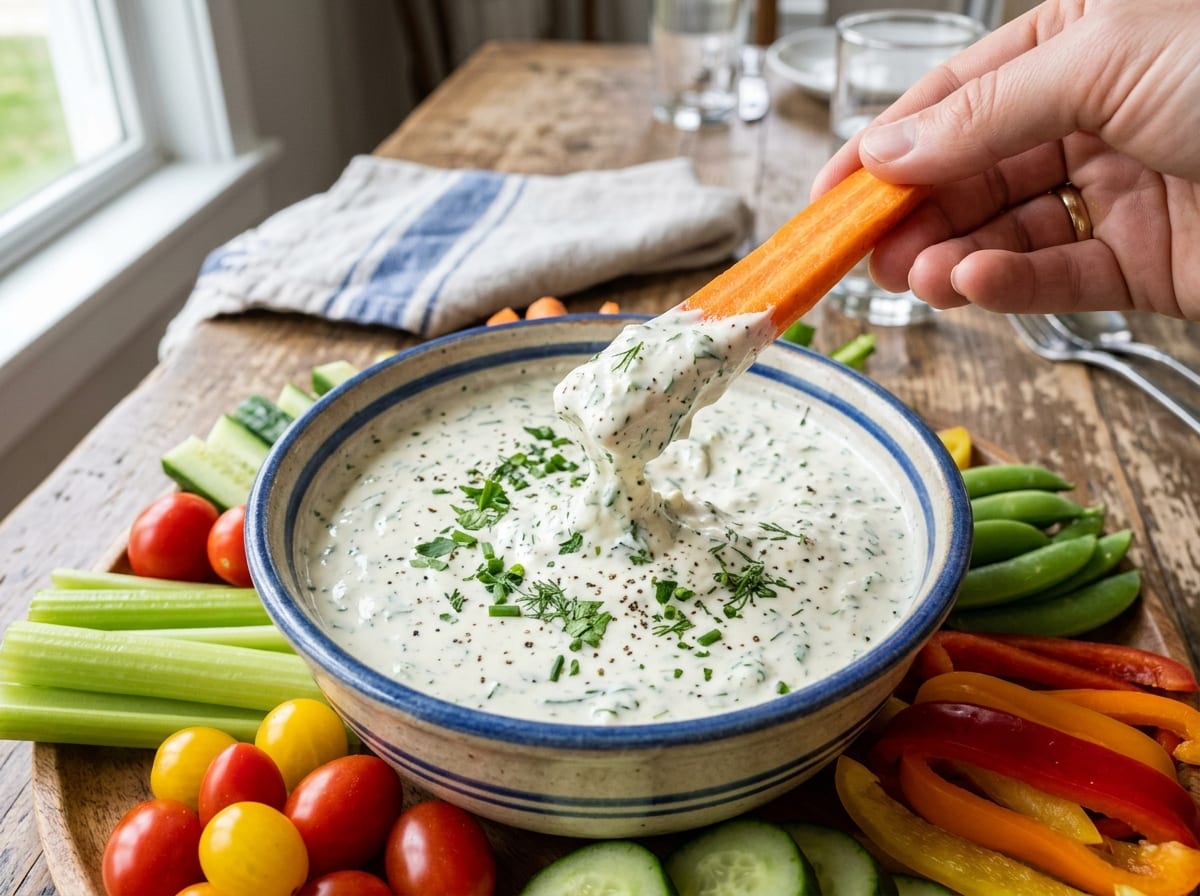 Eine Schale mit dickem hellem, grün gesprenkeltem Ranch-Dip, aus dem ein Karottenstick gezogen wird, ringsum rohes Gemüse