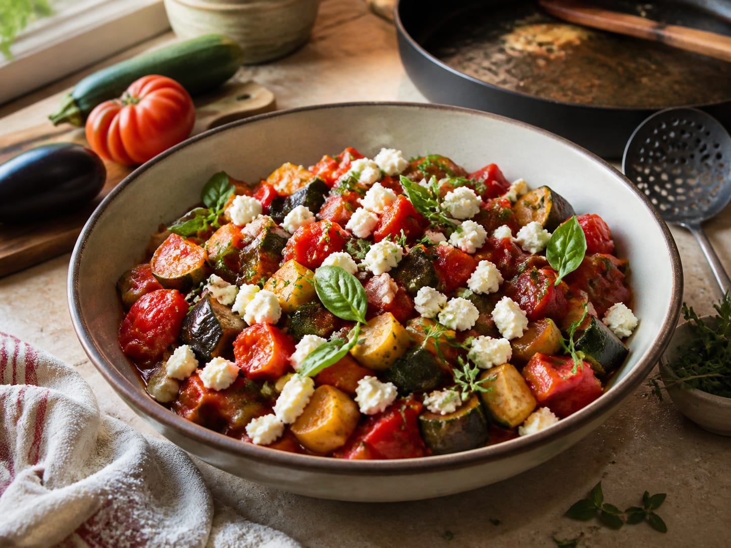 Ratatouille mit Schafskäse, zum Servieren angerichtet