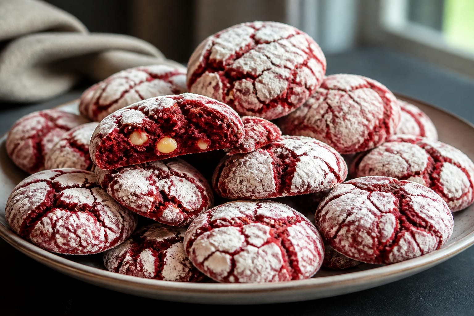 Red velvet crinkle cookies arranged for serving