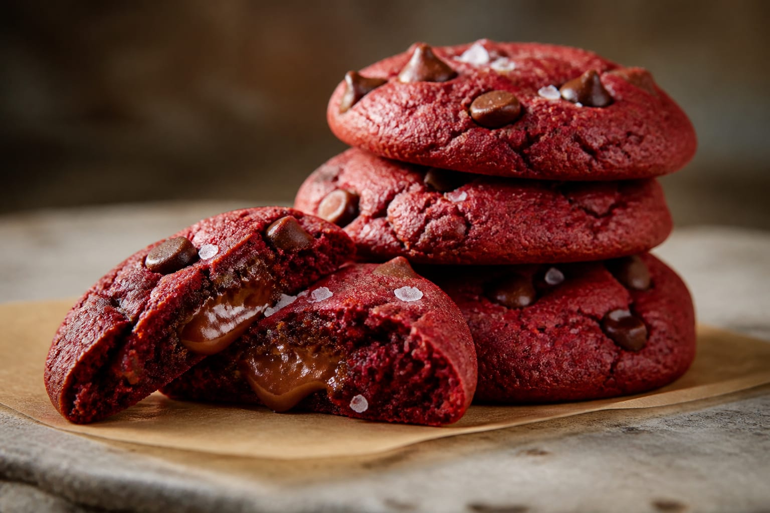 Red velvet Nutella-stuffed cookies arranged for serving