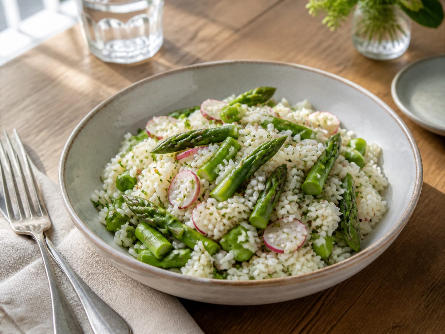 Reissalat mit Spargel, zum Servieren angerichtet