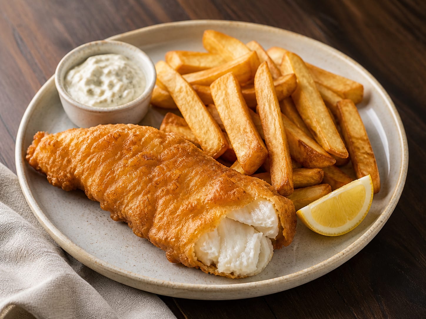 Crisp beer-battered cod with thick golden skin-on chips on cream paper and a lemon wedge
