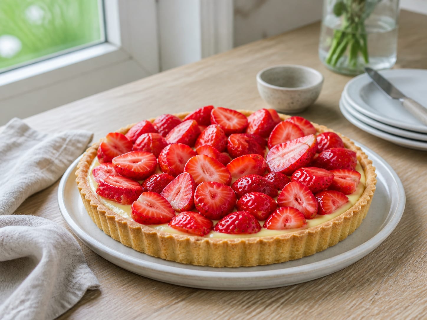 Rhabarber-Erdbeer-Tarte, zum Servieren angerichtet