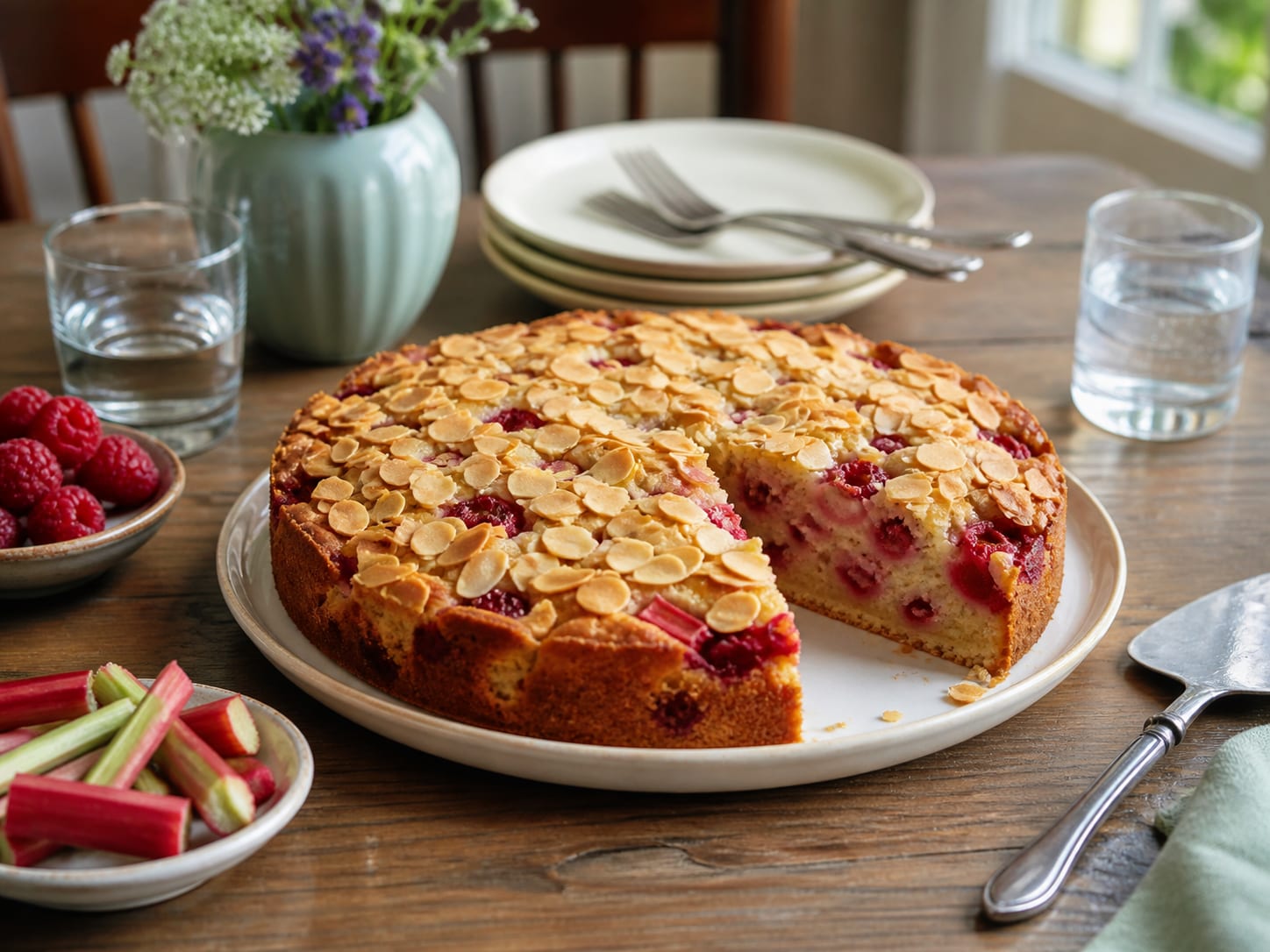 Rhabarber-Himbeer-Kuchen, plated for serving