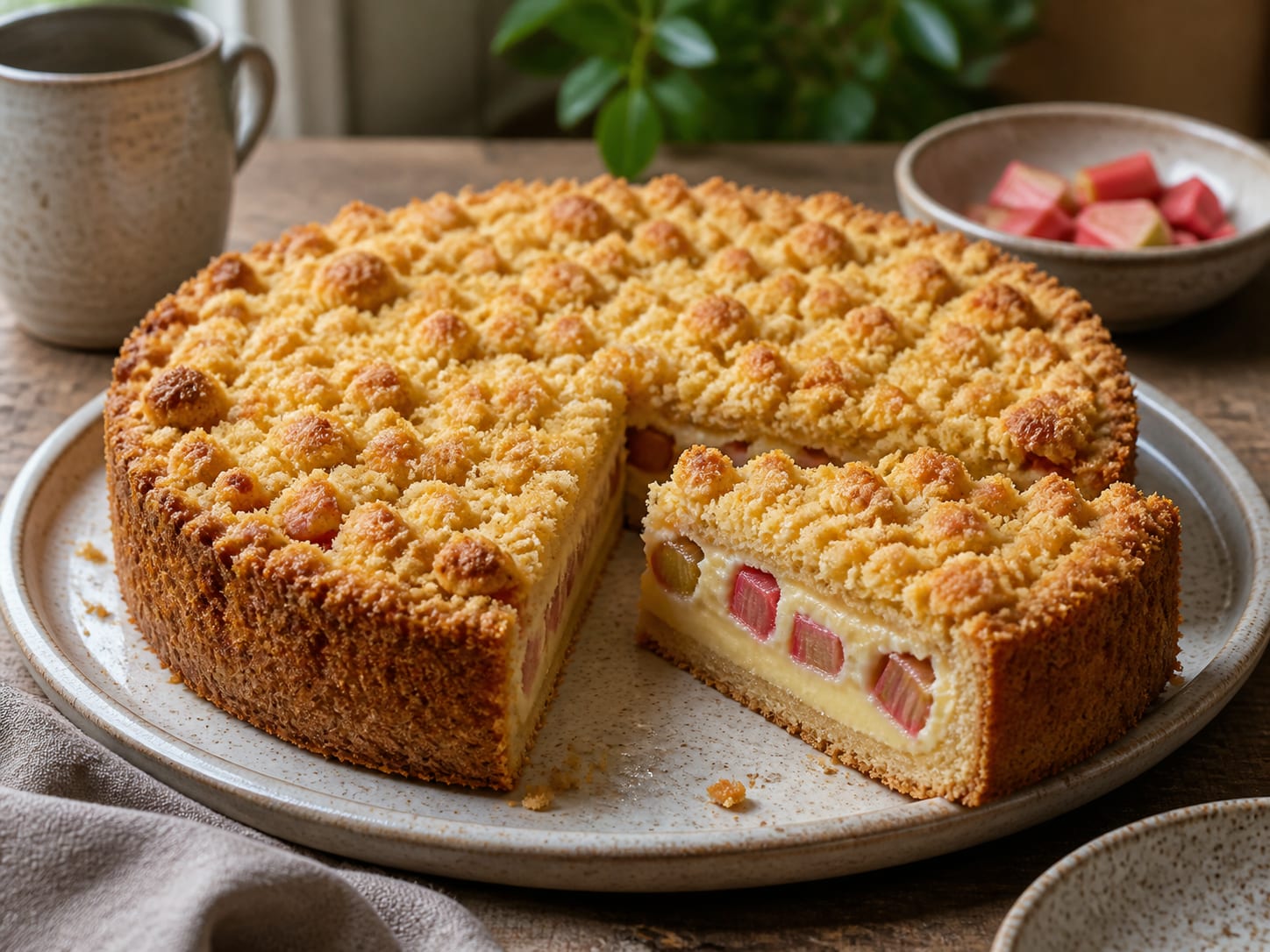 Rhabarber-Streuselkuchen, zum Servieren angerichtet
