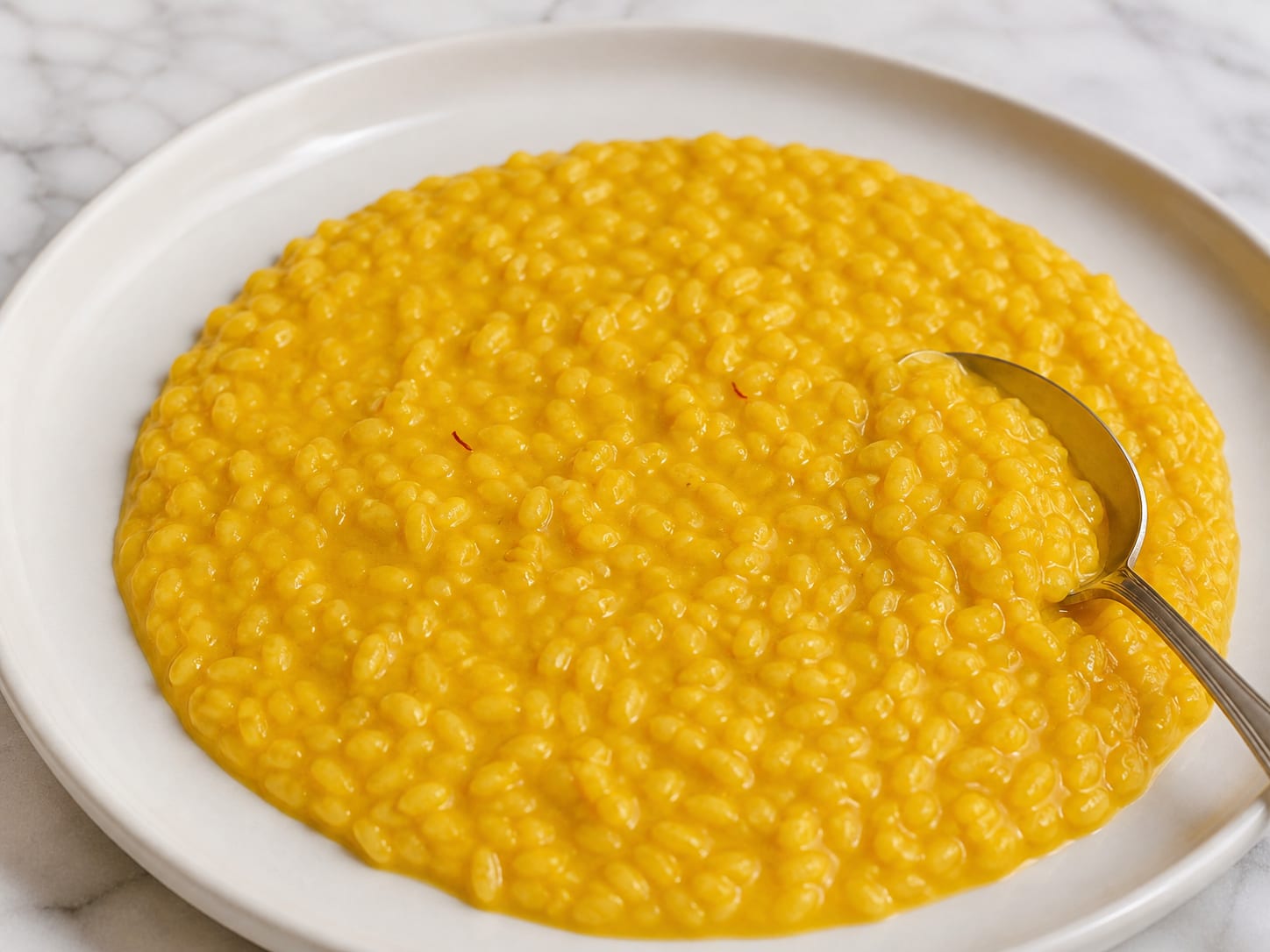 Golden saffron risotto flowing across a warm shallow plate