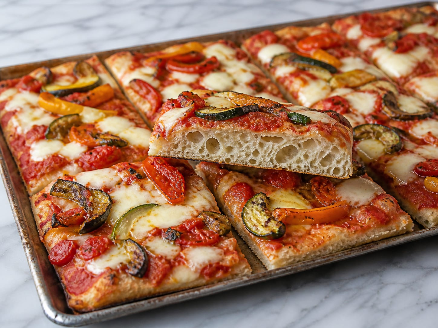 Rectangular Roman pizza al taglio with a crisp golden base and an airy open crumb cut into oblong pieces