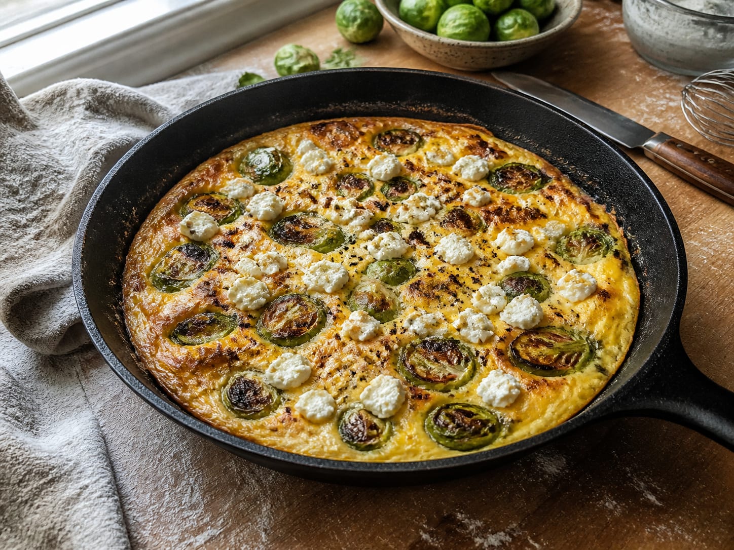 Rosenkohl-Feta-Omelette, plated for serving