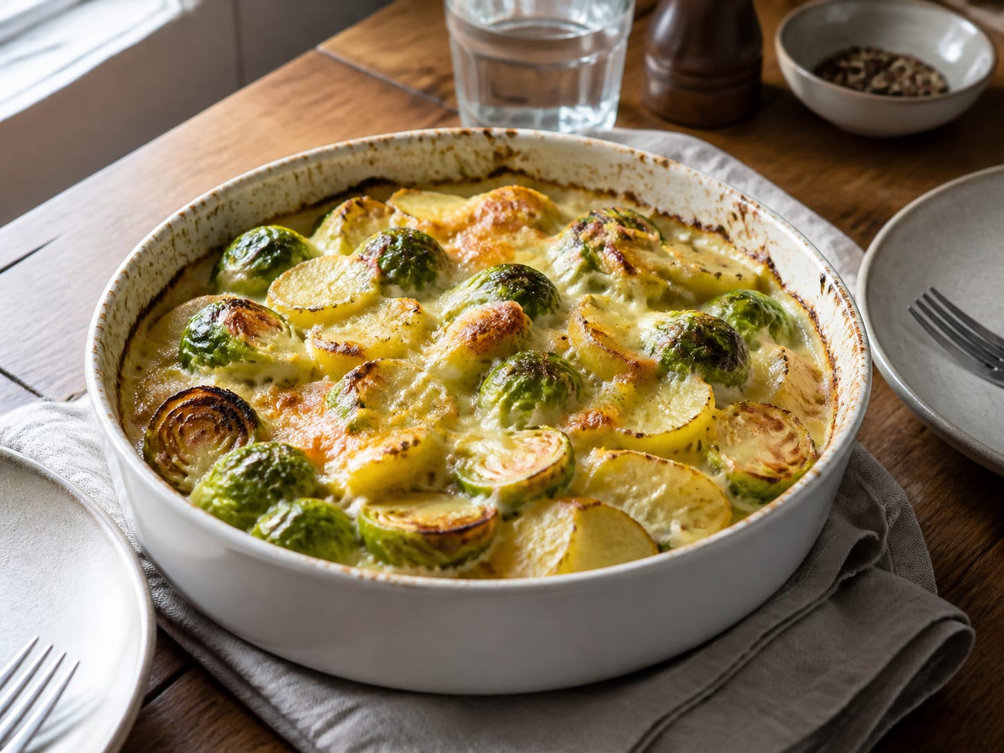 Rosenkohl-Kartoffel-Gratin, zum Servieren angerichtet
