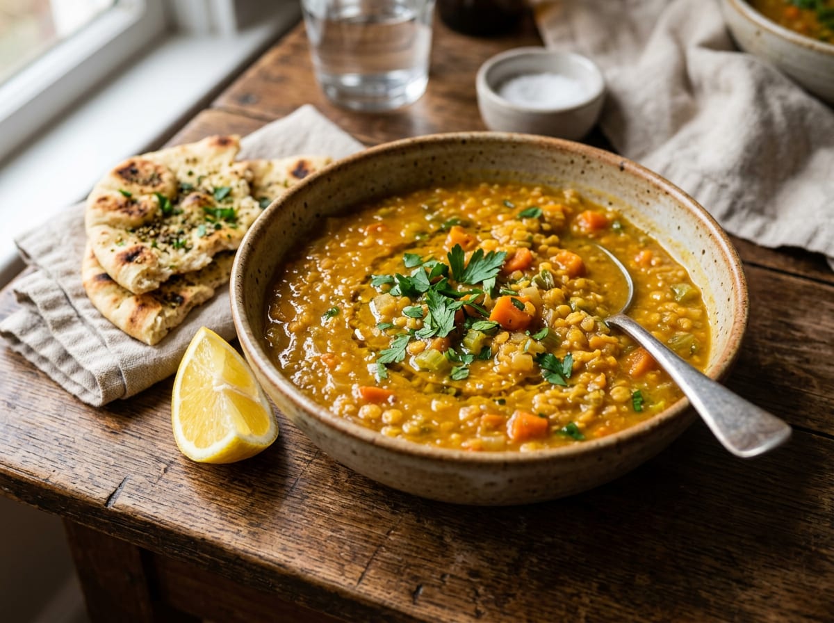 A bowl of thick golden orange red lentil and vegetable soup with visible diced carrot and celery, a lemon wedge and flatbread beside it