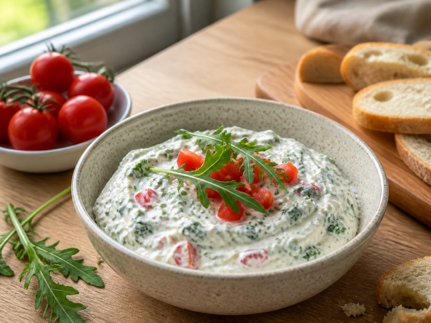 Rucola-Tomaten-Dip, plated for serving