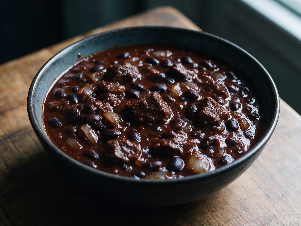 Dark mahogany savory chili with fork-tender beef cubes and black beans in a glossy tomato-chile sauce