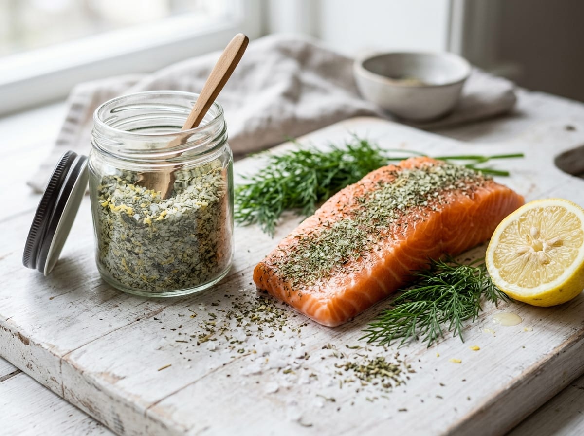 A jar of pale green-flecked dill and lemon rub beside a raw salmon fillet dusted with it, with dill fronds and a lemon on a pale board