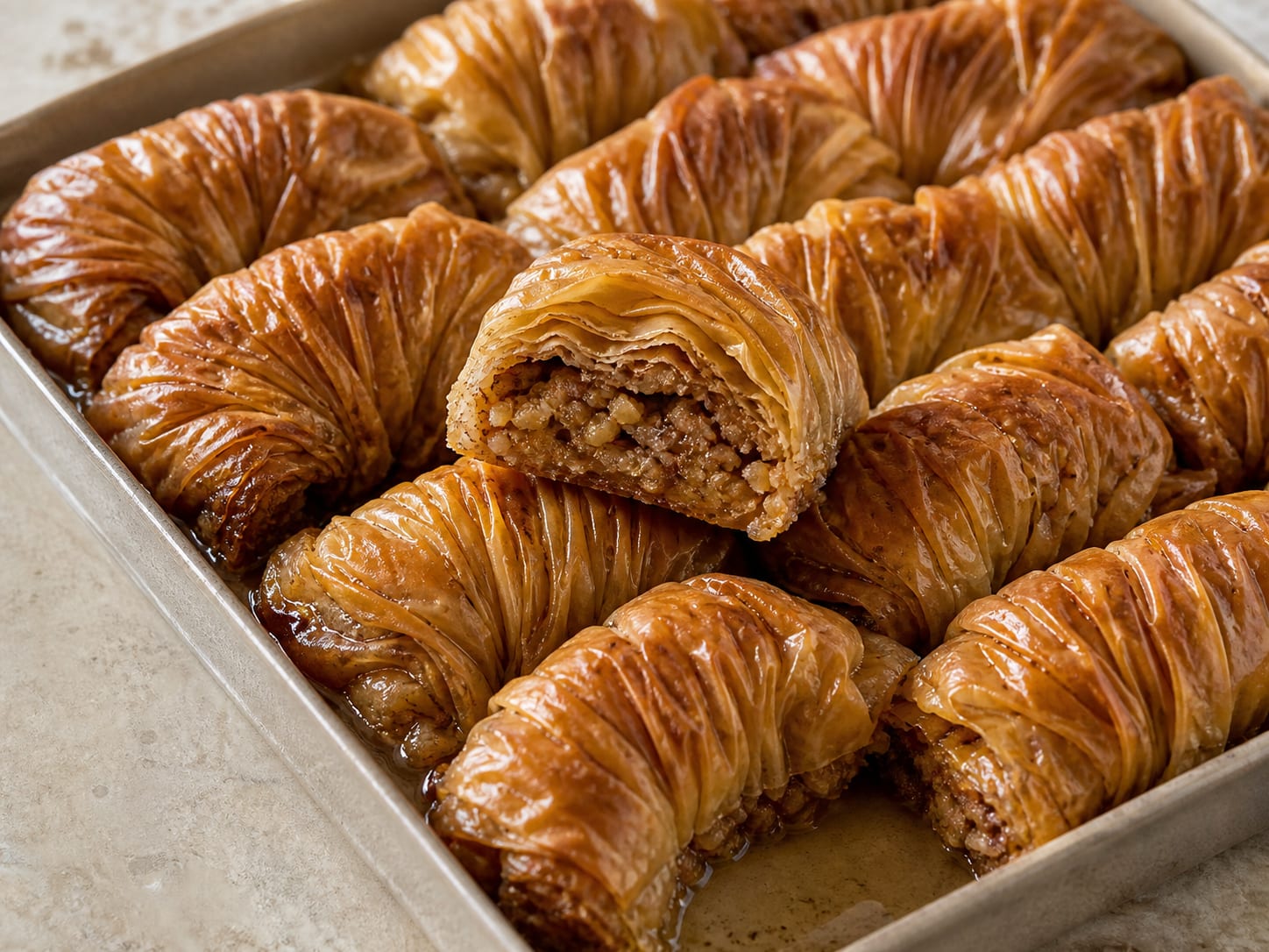 Saragli: Greek rolled baklava served as a natural-light editorial food photograph