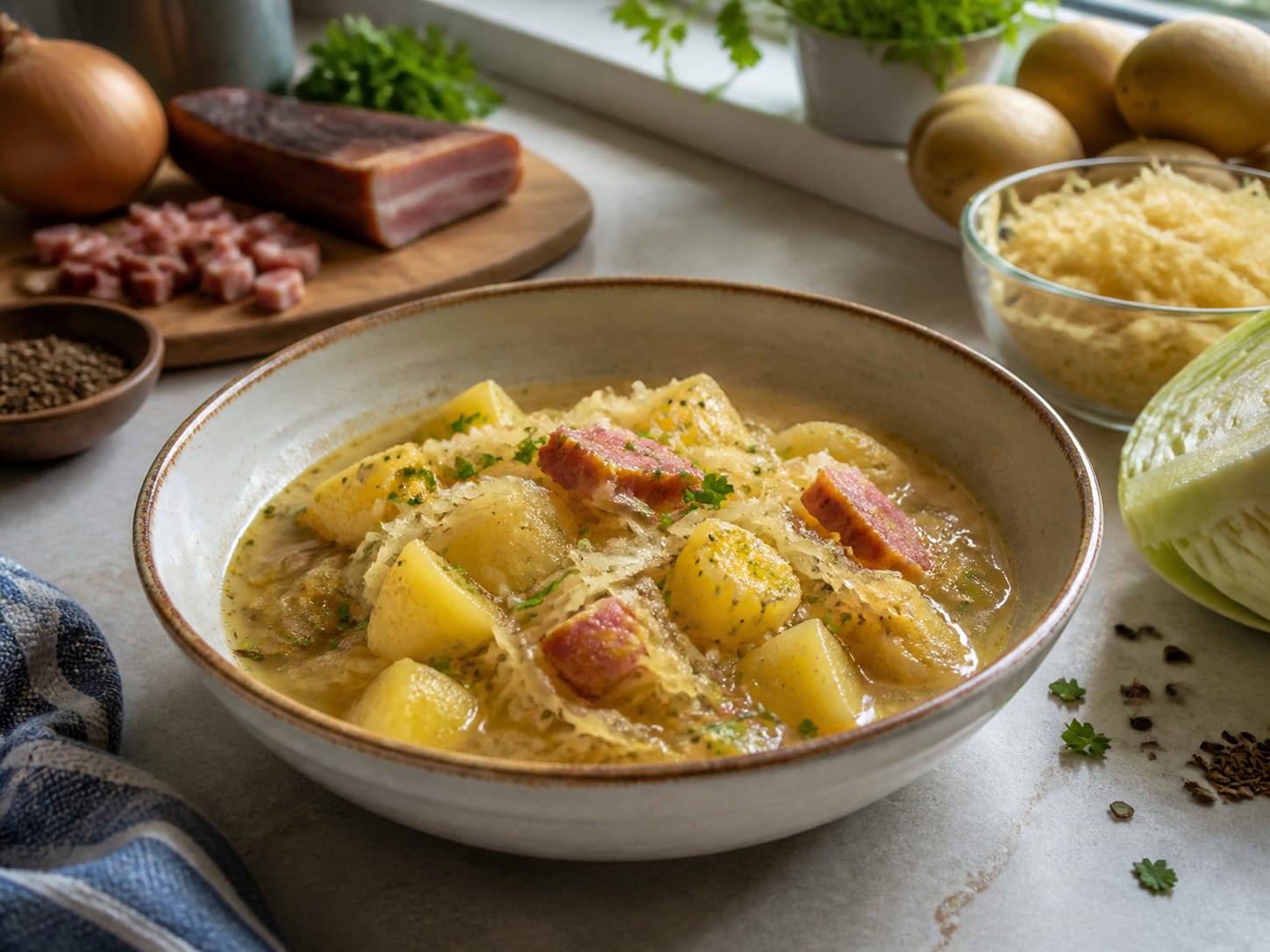 Sauerkraut-Eintopf, plated for serving