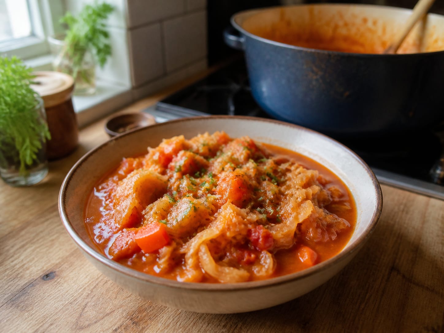 Sauerkraut-Tomaten-Eintopf, zum Servieren angerichtet