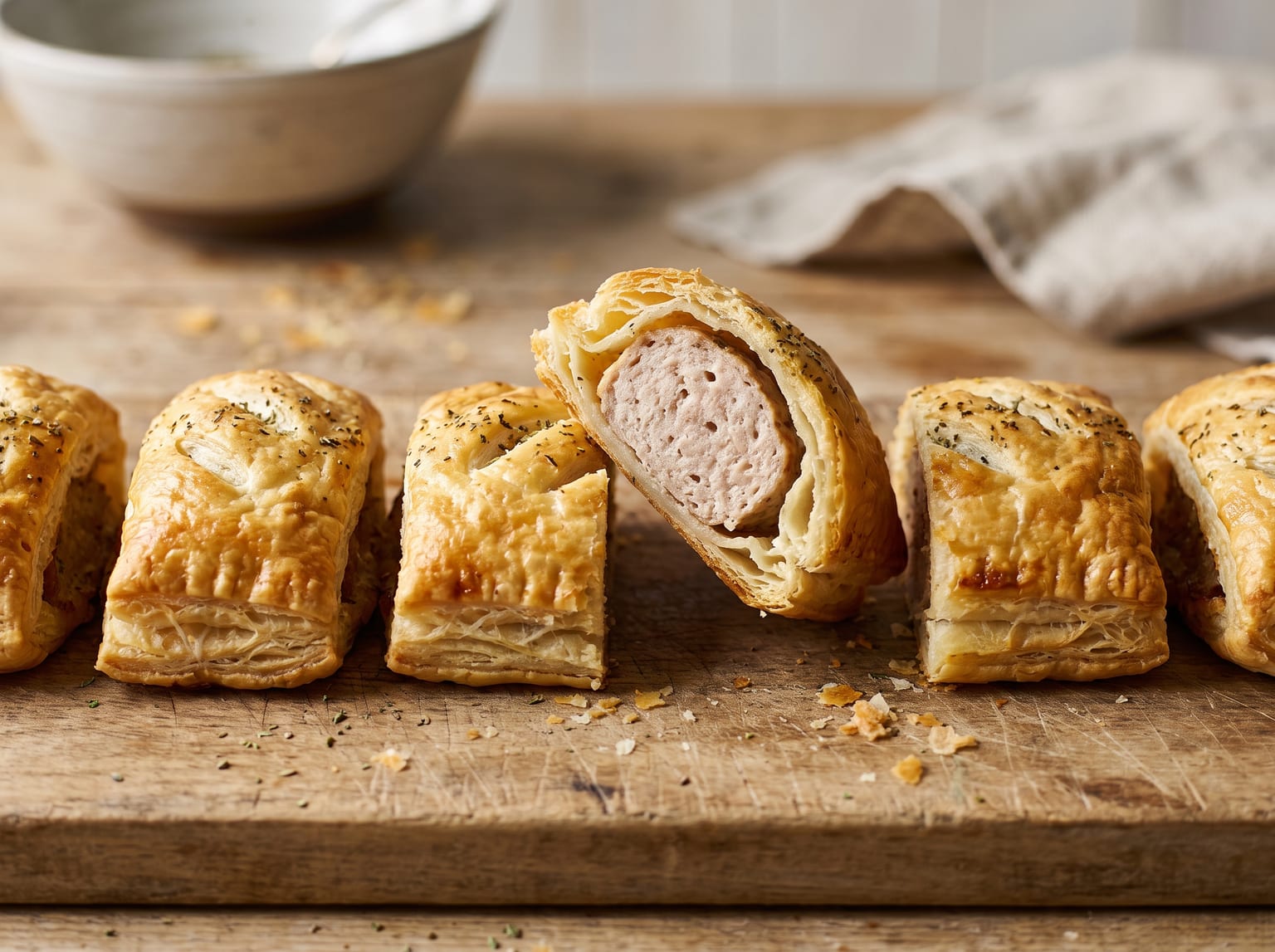 A row of golden puff pastry sausage rolls with scored tops, one cut open showing the sausage meat filling