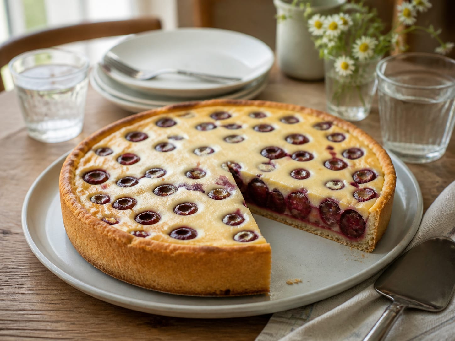 Schmand-Kirsch-Kuchen, zum Servieren angerichtet