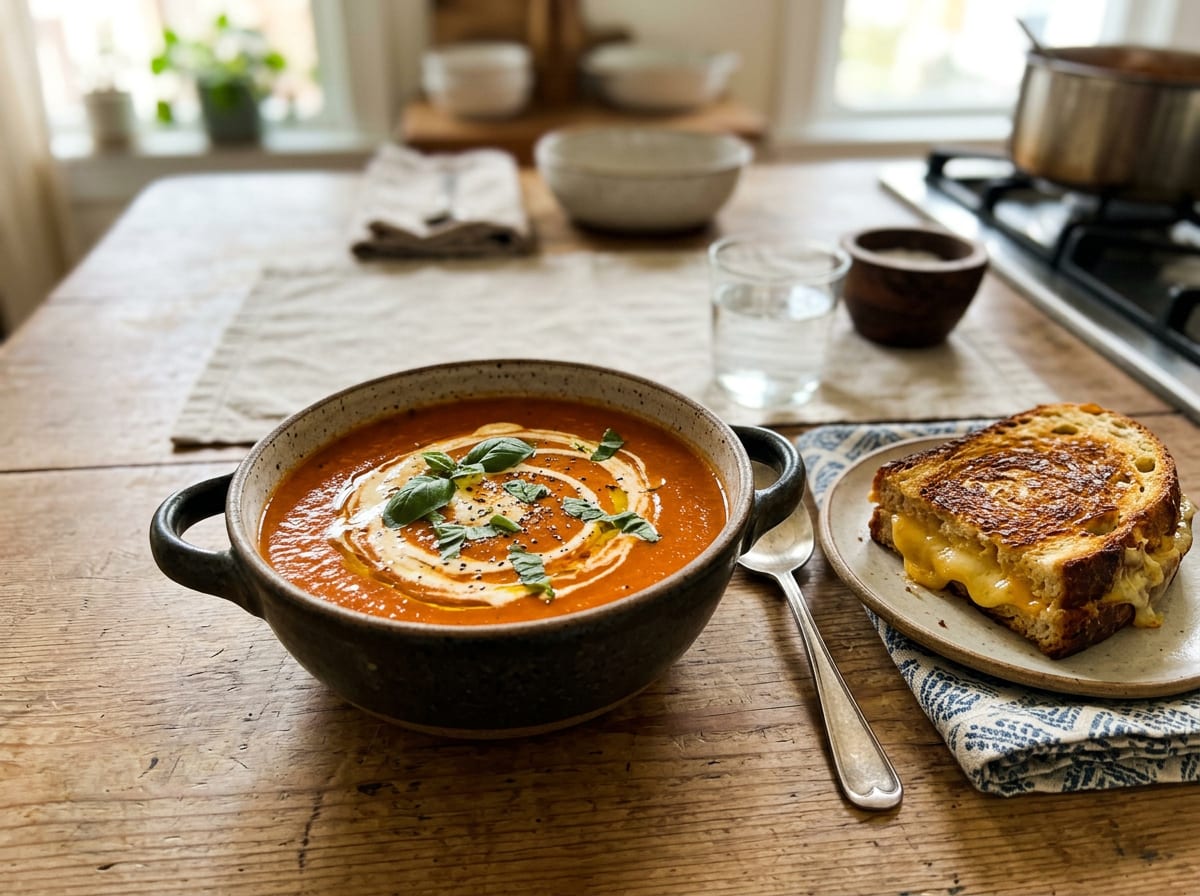 A bowl of smooth creamy tomato soup, deep orange-red with a swirl of cream and fresh basil leaves, half a grilled cheese sandwich beside it