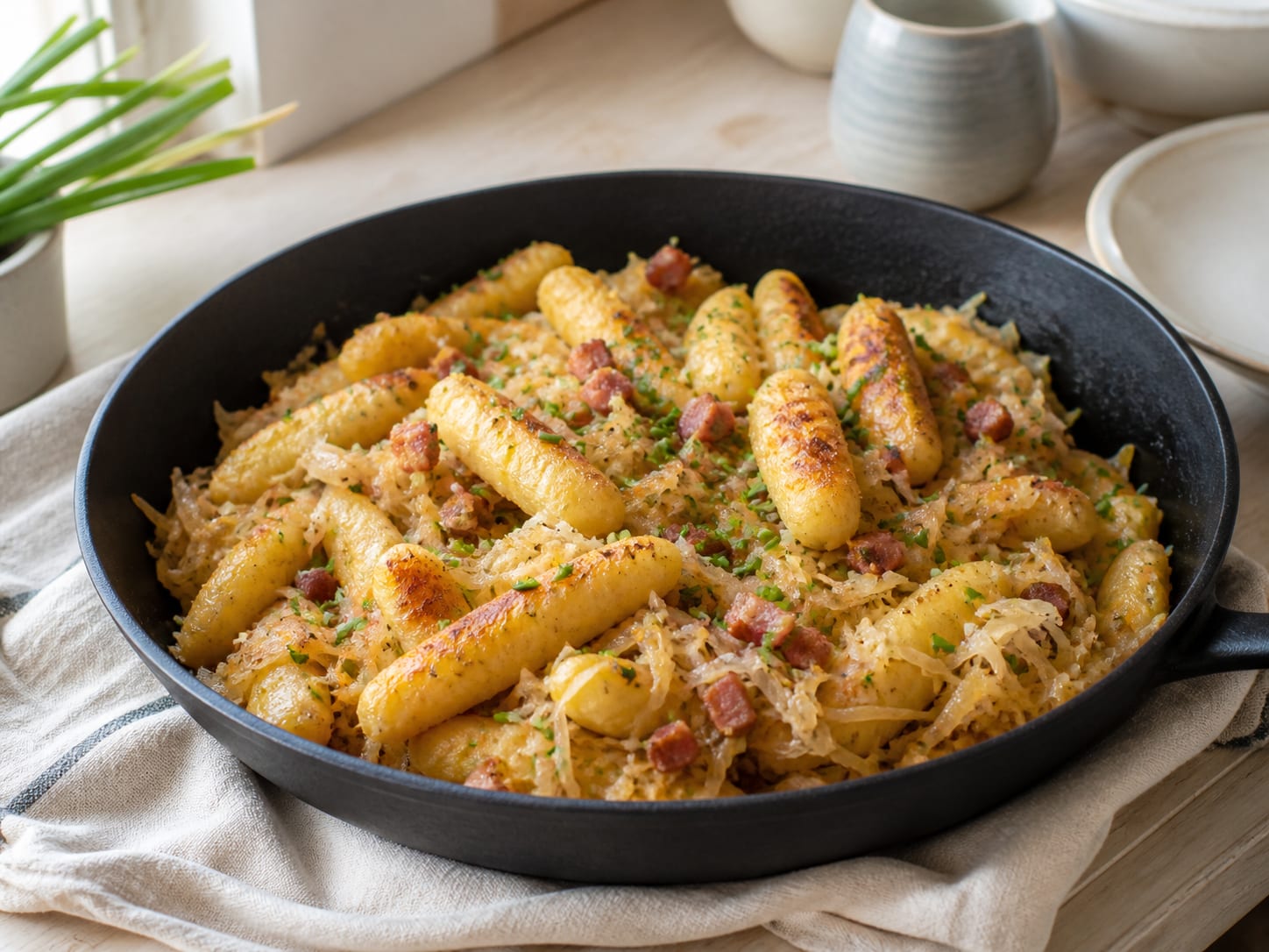 Golden pan-fried Schupfnudeln tossed with sauerkraut and browned Speck in a black skillet on a cream cloth, chives on top, natural light from the side