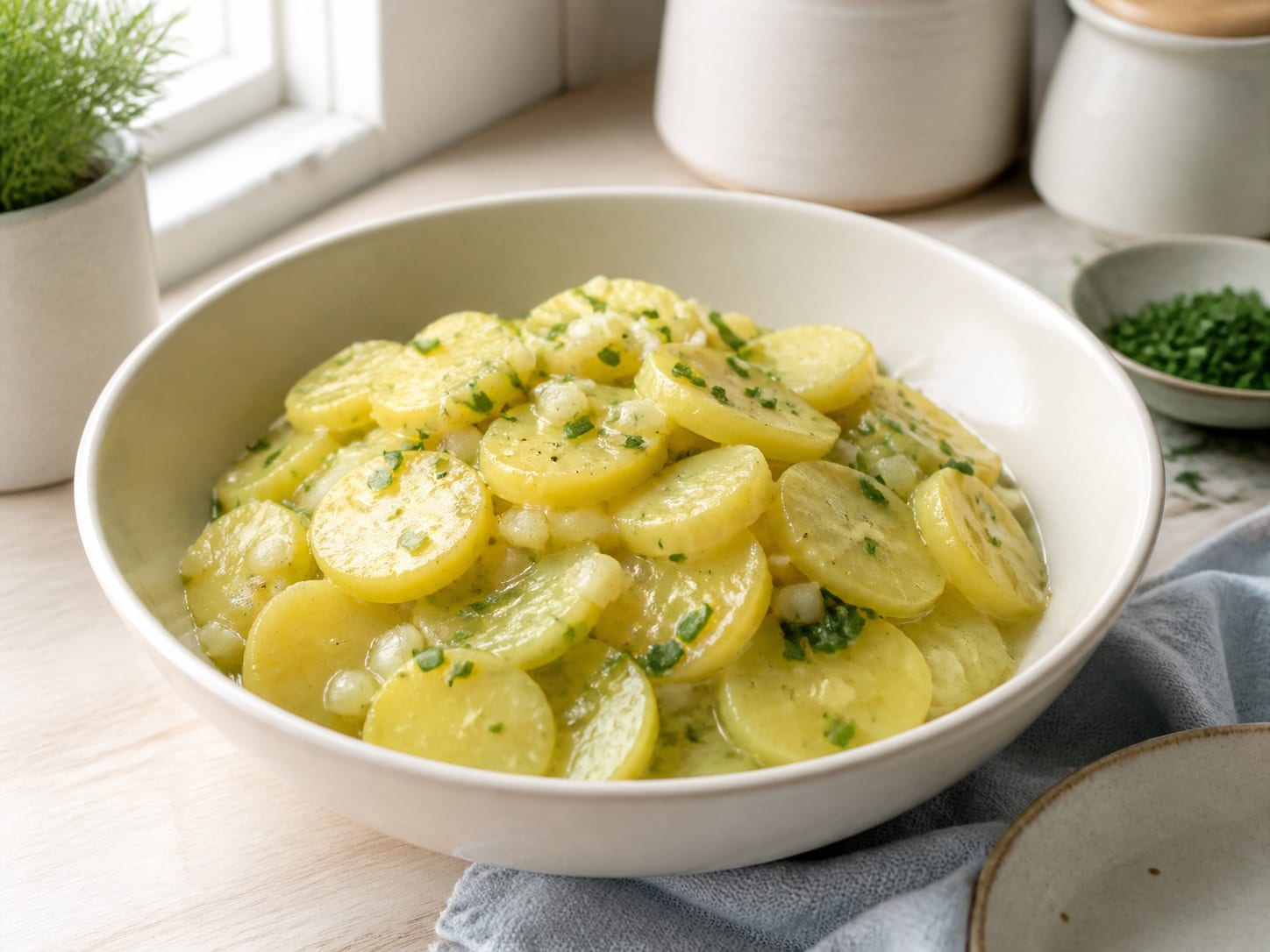 Sliced waxy potatoes glossy with broth dressing in a cream bowl, chopped onion and chives through it
