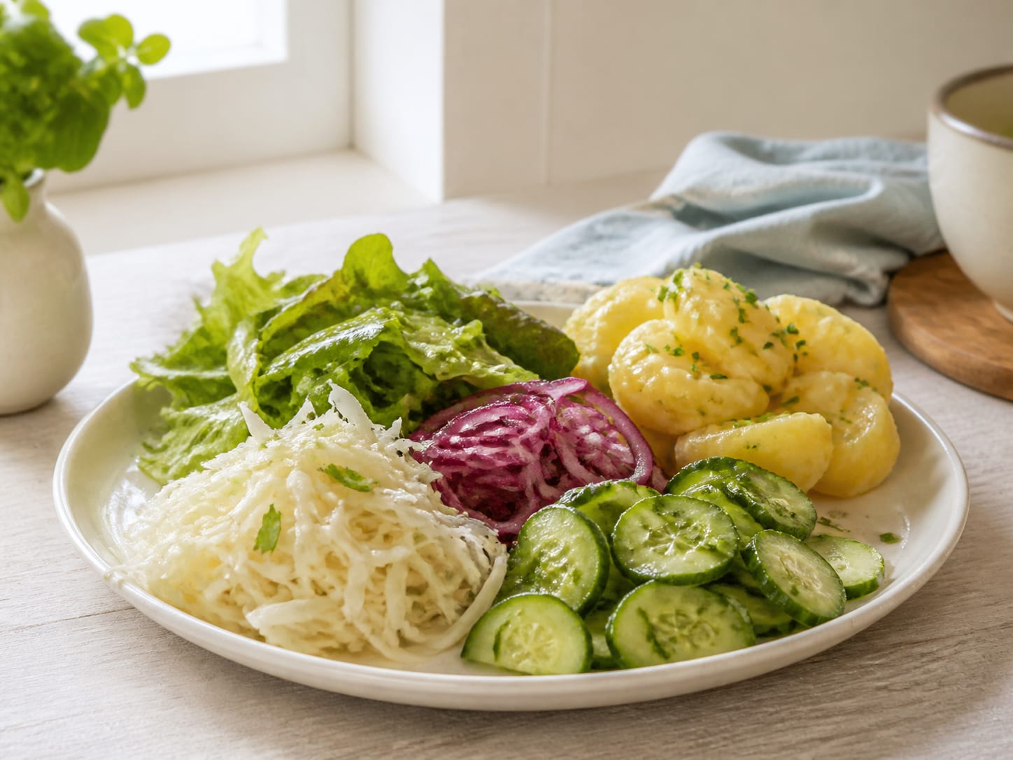 A cream plate with small separate mounds of potato salad, dressed leaves, cucumber, cabbage, and pickled red onions in natural light