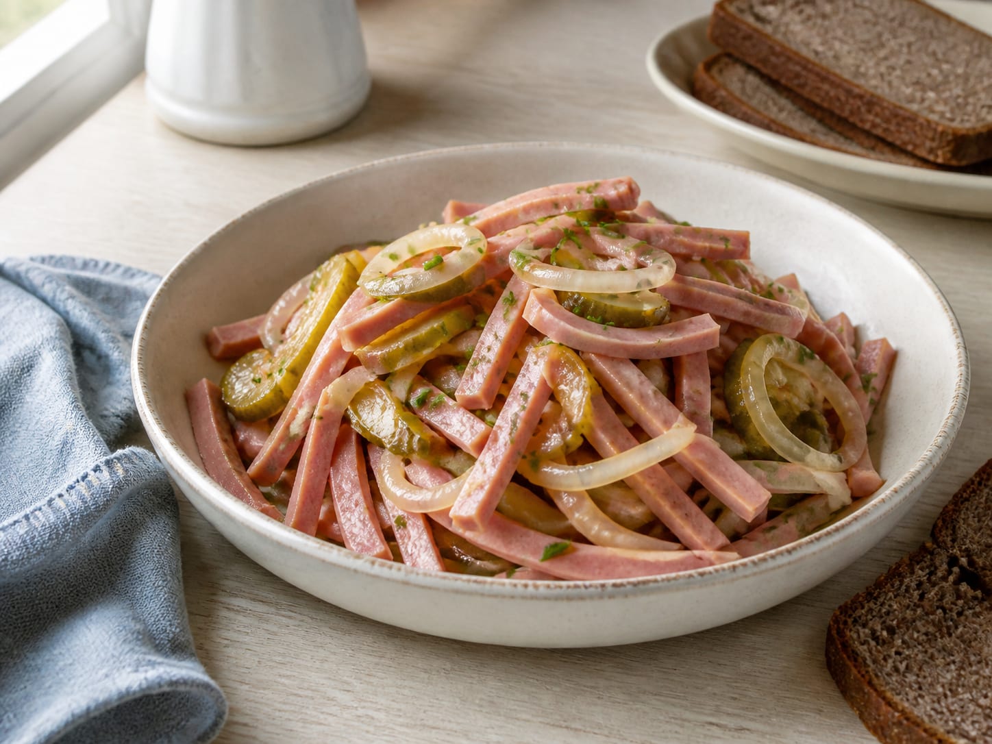 Schwäbischer Wurstsalat in a shallow cream bowl, sausage strips and onion rings glossy with dressing, chives over the top and a slice of dark bread beside it