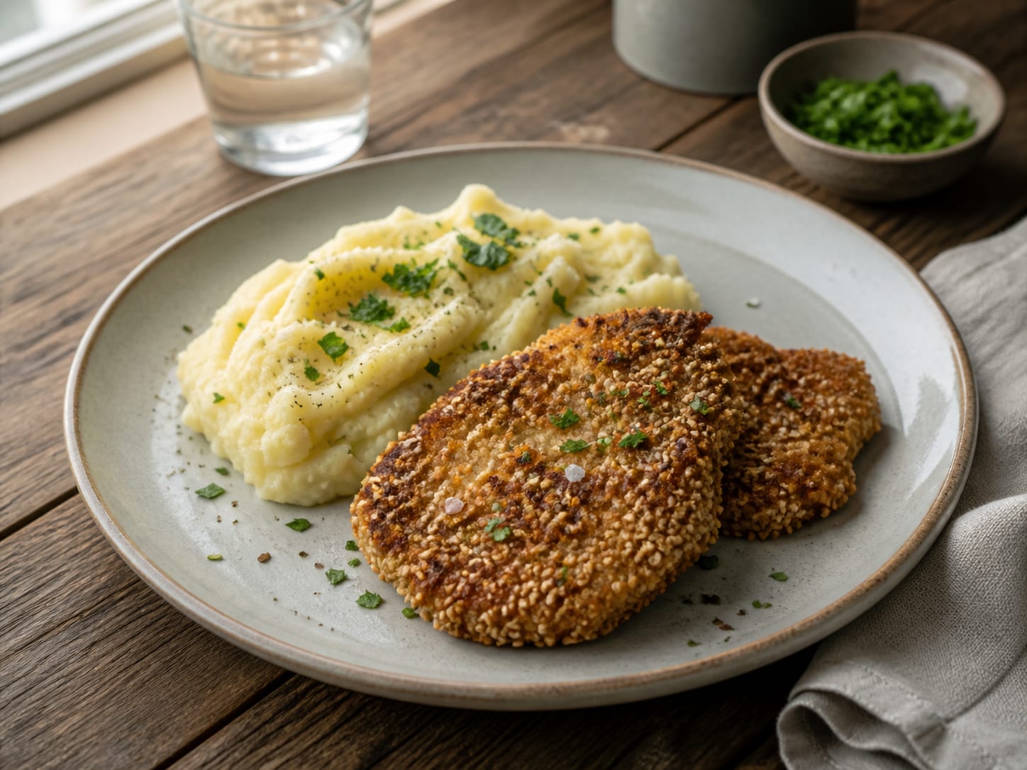 Sellerie-Schnitzel mit Sesam-Panade und Kartoffelpüree, plated for serving