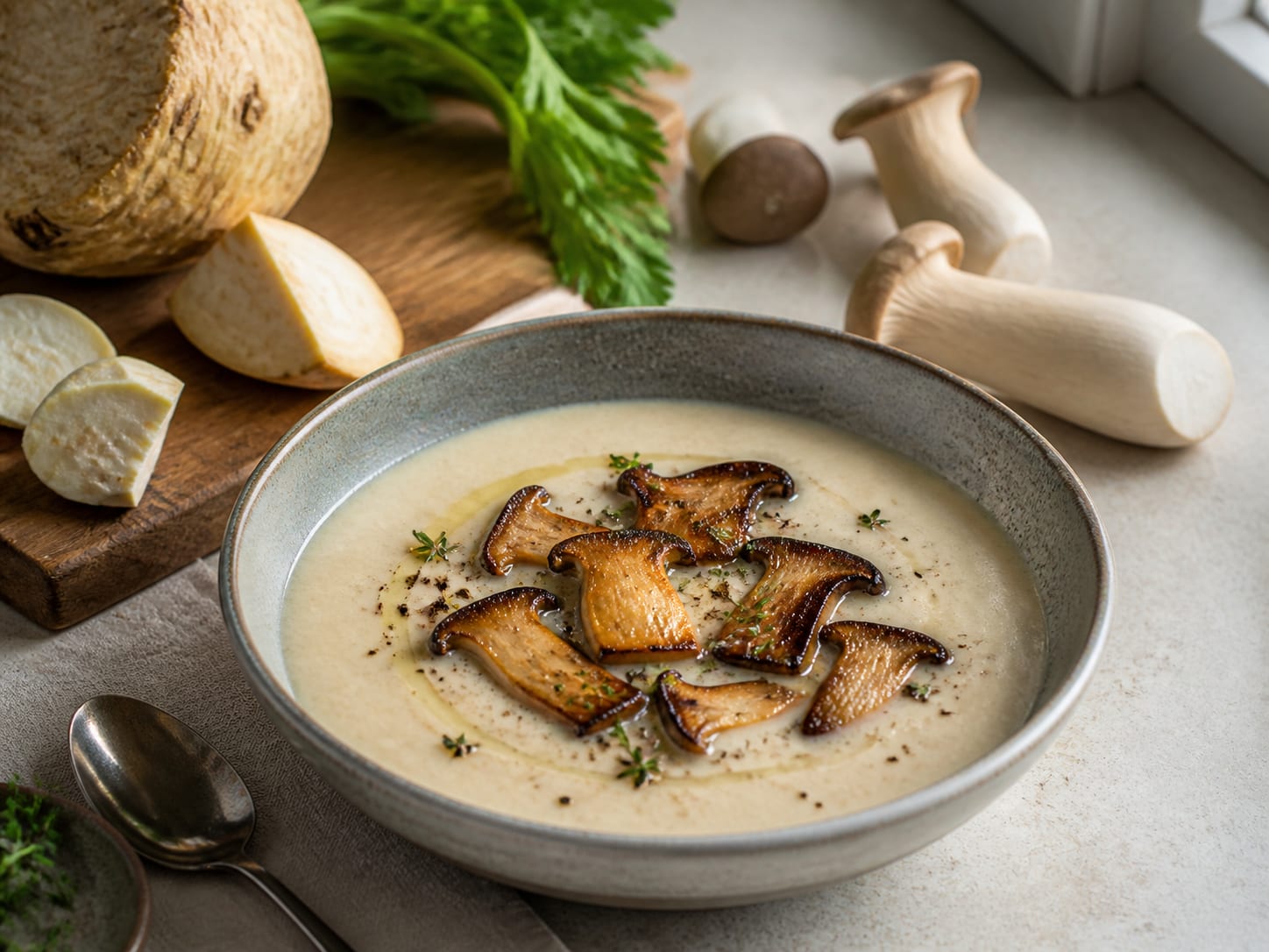 Selleriecremesuppe mit Kräuterseitlingen, plated for serving