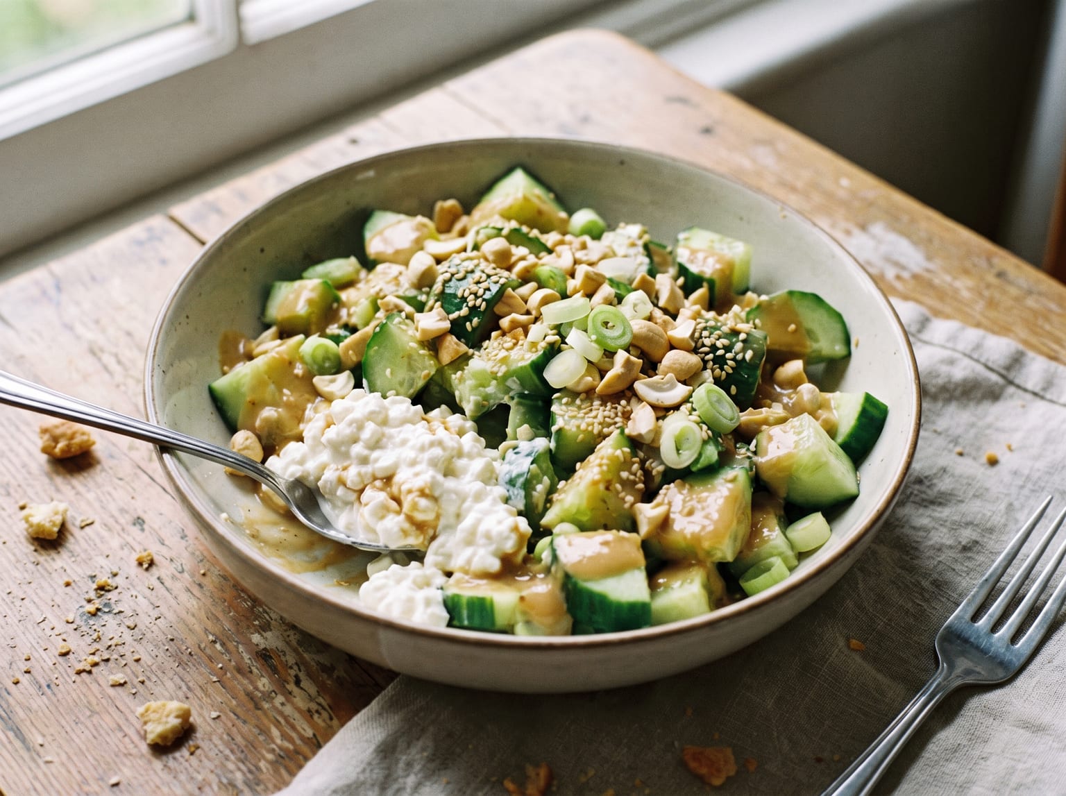 Eine Schale zerdrückte Gurke in glänzendem Erdnuss-Sesam-Dressing mit gehackten Cashewkernen, Sesam, Frühlingszwiebeln und untergehobenem Hüttenkäse