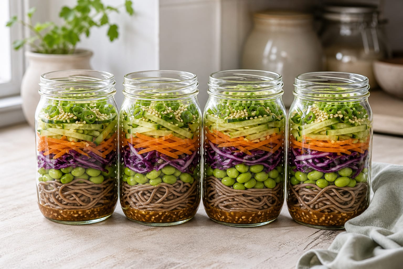 Four clear jars layered with dark soba noodles, bright edamame, shredded cabbage, carrot, cucumber, scallions, and sesame seeds with dressing below
