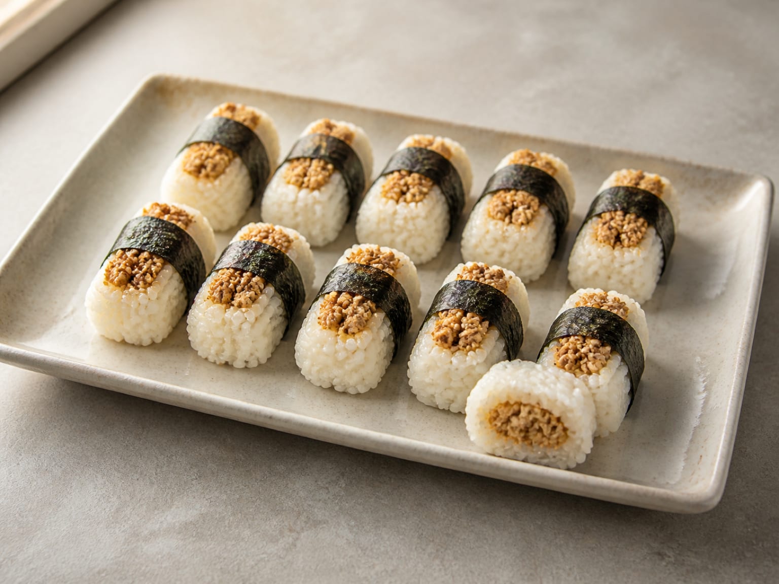 Twelve compact rectangular rice bites wrapped with dark nori bands and showing golden sesame tofu at their centres