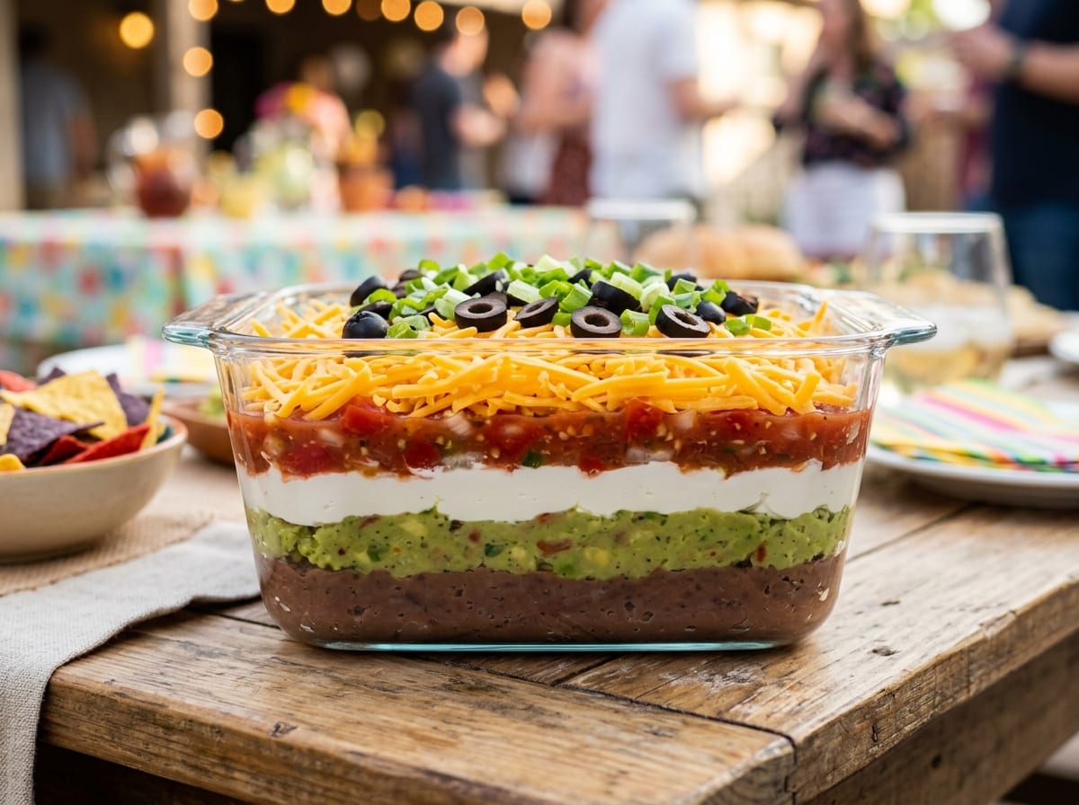 Eine eckige Glasform mit Schichtdip von der Seite gesehen, mit klaren Streifen aus Bohnen, Guacamole, saurer Sahne, Salsa und Käse, obenauf Oliven und Frühlingszwiebeln